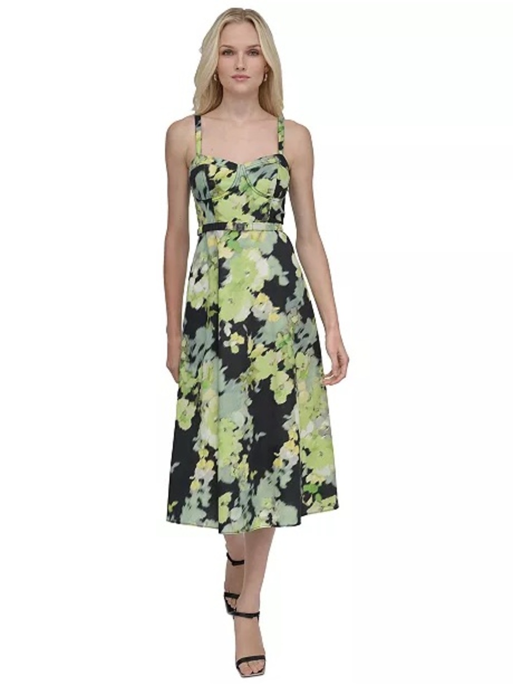 DKNY Black Midi Dress with Green Floral Print and Sweetheart Neckline